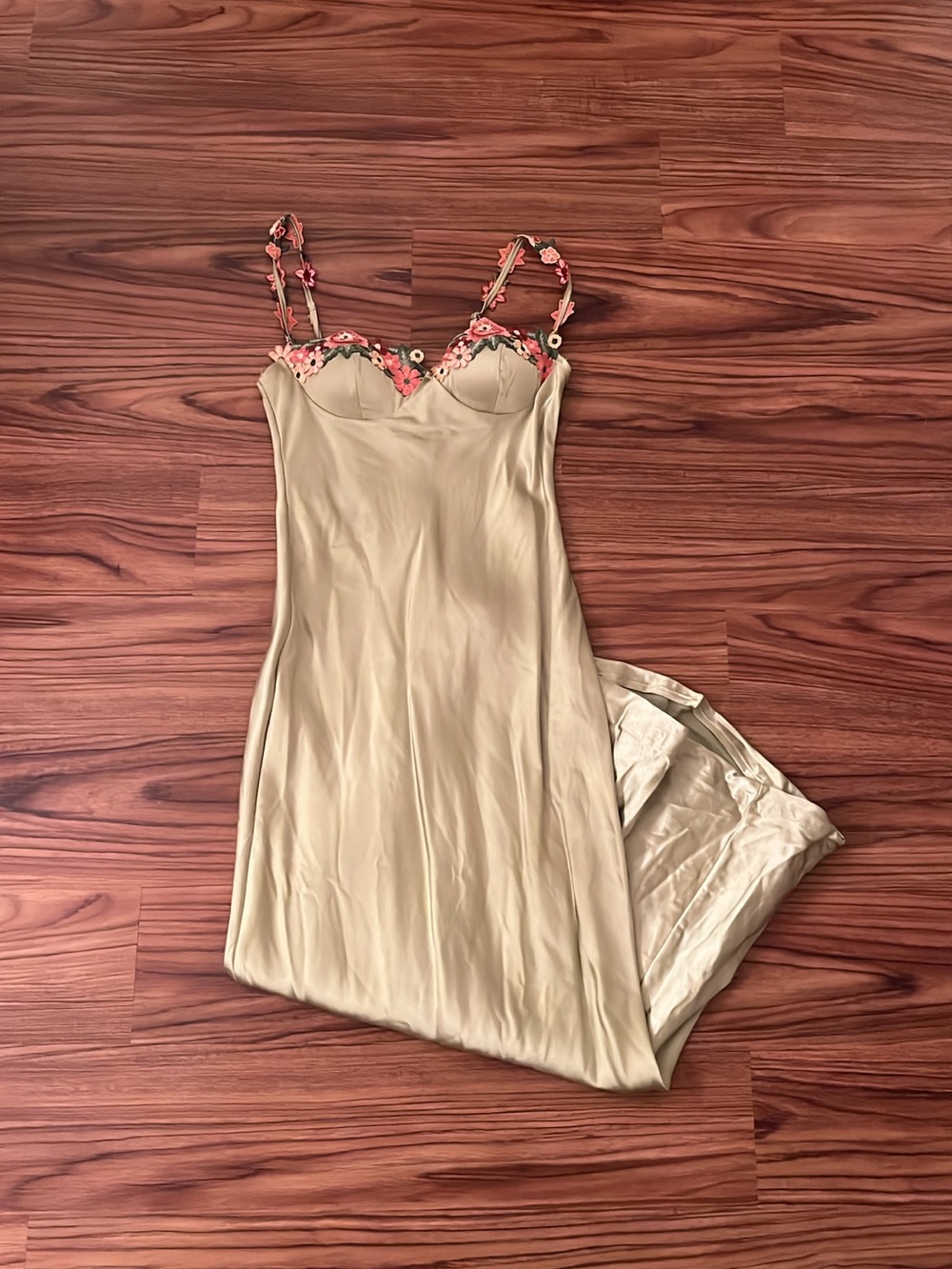 Silk Green Maxi Dress with Pink Floral Trim